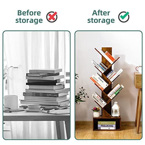 Yoobure Rustic Brown 6 Shelf Tree Bookshelf - Tall Wooden Book Storage Rack