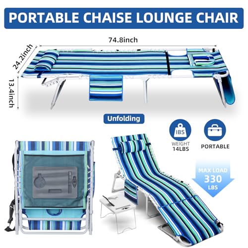 Yestomo 3-in-1 Outdoor Beach Lounge Chair with Face Holes & Side Table, Recliner, Flat Lay, Blue