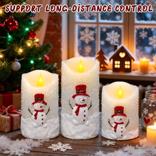 Snowman Flameless Candles with Remote & Timer - 3 Pcs Winter Battery