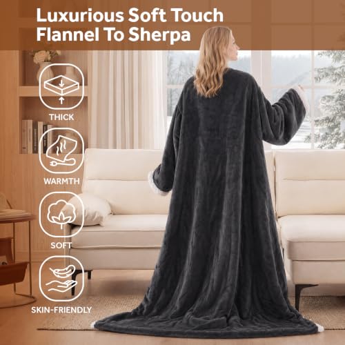 Westinghouse Wearable Heated Blanket with Foot Pocket & Sherpa, Grey 70x50"