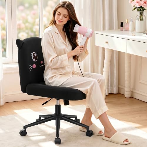 ALLGOD Black Cat Shape Armless Vanity Chair with Soft Fabric, Playful Office Desk Seat