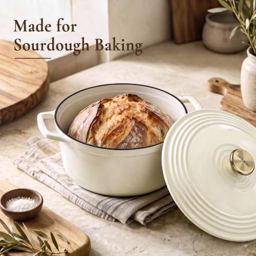 Overmont 5.5QT White Enameled Cast Iron Dutch Oven with Lid & Potholders