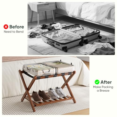 Smart FENDEE Walnut Fully Assembled Bamboo Luggage Rack with Shoe Shelf - Heavy-Duty Suitcase Stand for Guest Room, Bedroom, Hotel, 1 Pack