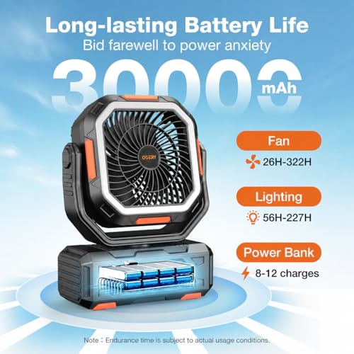 OGERY 30000mAh Portable Rechargeable Camping Fan with Remote & LED Lantern – Black & Orange