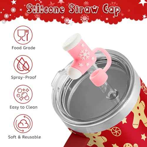 8 Pcs Christmas Straw Toppers for Stanley Cups, 3D Santa Claus Xmas Tree Straw Cover Caps Decoration for 30&40 oz Tumblers with DIA 10 mm Straws (Pink)