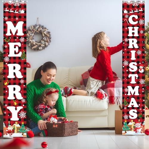 Aeergured Christmas Banner Red Black Buffalo Plaid 71" x 12" Welcome Porch Sign – Indoor/Outdoor, Santa Tree design, Merry Christmas, Reusable