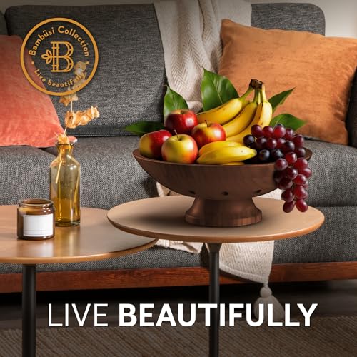 Brown Wooden Fruit Bowl with Pedestal – Large Bamboo Vented Fruit Basket