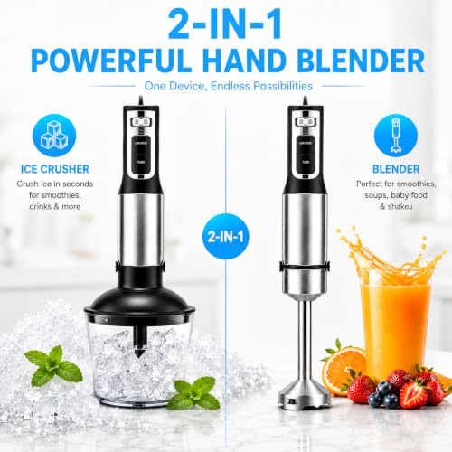 Glorykit 2-in-1 Handheld Immersion Blender Set - 500W, 14 Speeds, Turbo, Silver/Black