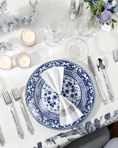 Hioasis Blue Plastic Dinner & Dessert Plates Set for 30 Guests - White & Blue