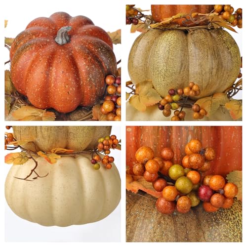Artificial Pumpkin Fall Décor - Autumn Table Centerpiece with Faux Berries & Maple Leaves - Color #4
