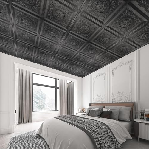 Black Drop Ceiling Tiles 24x24 Inches - Waterproof 3D Wall Art Pack of 24 - Vintage Style
