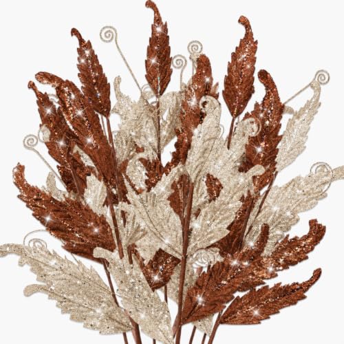HyDren 10 Pcs Christmas Glitter Leaves Ornaments, Gold & Brown, Festive Decorations
