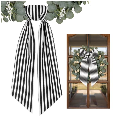 Black & White Wreath Sash — 55in Rustic Ribbon for Front Door Decor