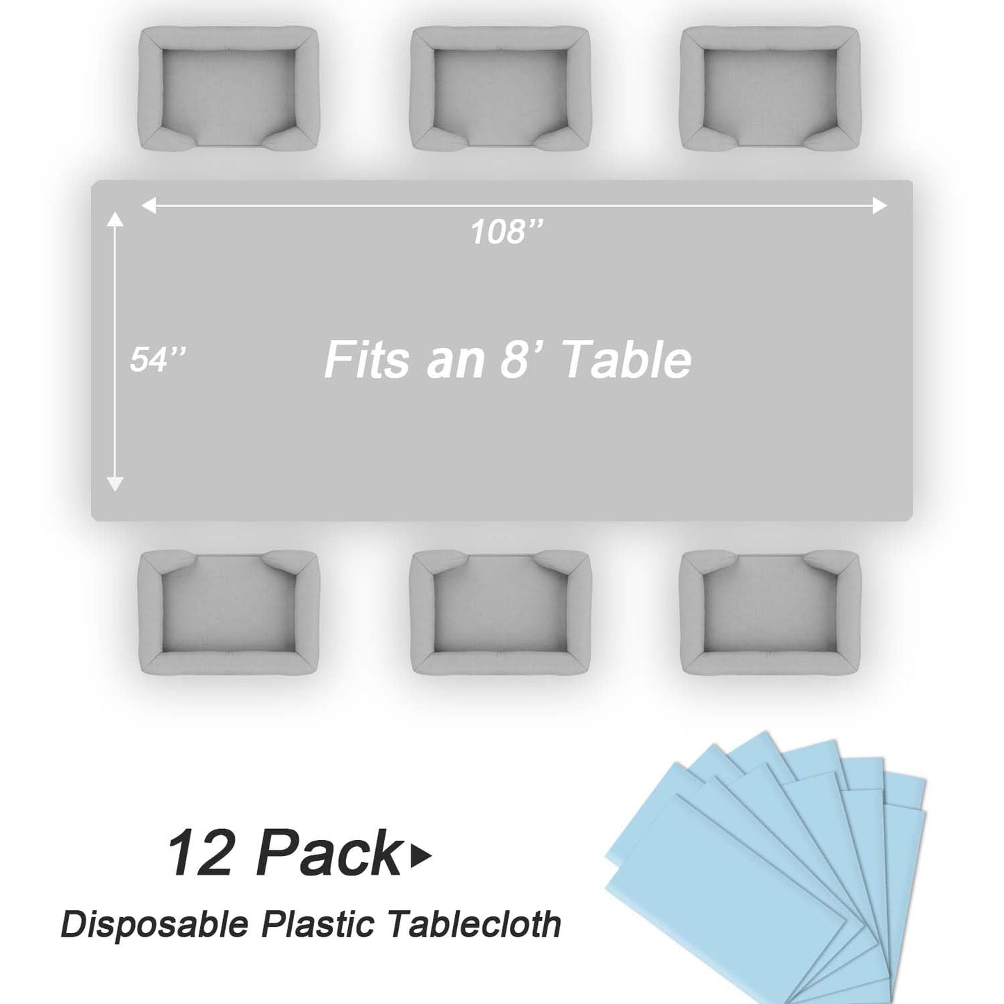 QIKSION Light Blue Plastic Table Cloth Disposable 12 Pack, 54 x 108 Inch Tablecloths for Baby Shower Birthday Party, Easter Decorations, Rectangle Table Cover