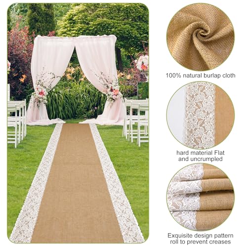 20ft Natural Burlap Wedding Aisle Runner with Lace Edges - Moonoom