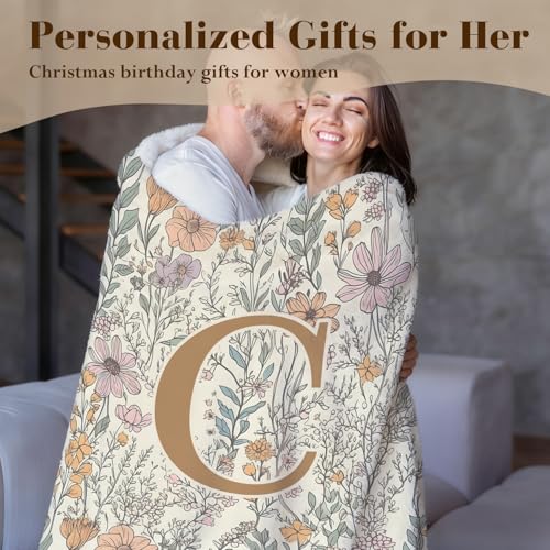 JXREQ Boho Floral Initial C Throw Blanket - 50x60 in Personalized Gift for Women