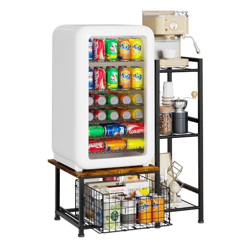 Mini Fridge Stand with Drawer and Storage, Rustic Kitchen Organizer
