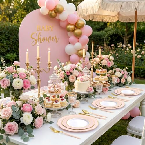 Pink Baroque Disposable Plates Set - Large & Small for Baby Shower Wedding Party