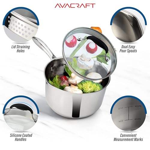 AVACRAFT 1.5 Quart Tri-Ply Stainless Steel Saucepan with Glass Lid - Capsule Bottom, Medium-Heat Cooking