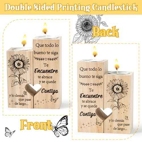 Zainpe Spanish Inspirational Graduation Candle Holders Gift for Teacher Women Friend Sister Bestie Mum Daughter, Wooden Heart Double Sided Printing Candlestick Birthday Friendship Gifts