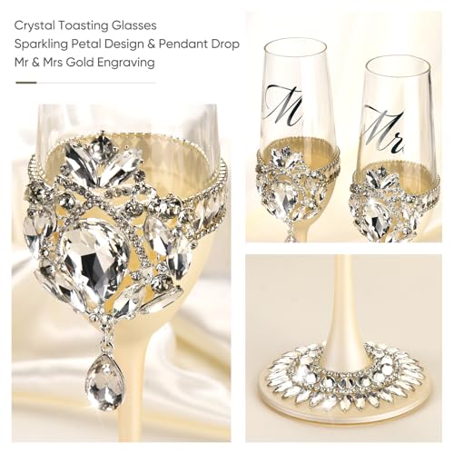 Wedding Cake Cutting Set with Crystal Champagne Flutes - Silver Petal Rhinestones