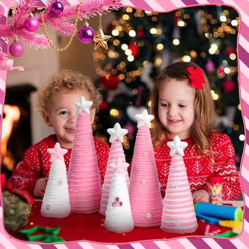 Pink Christmas Mini Yarn Tree Decorations Set - 6pcs Holiday Table Decor