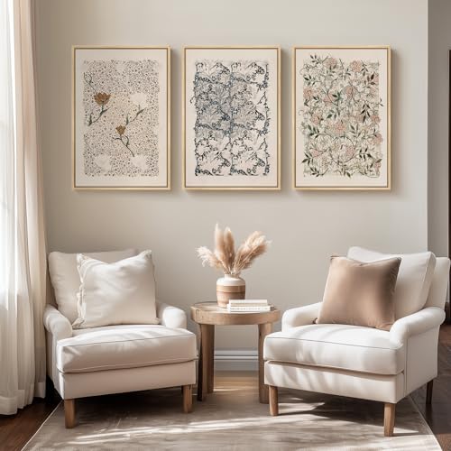 Vintage Neutral William Morris Framed Canvas Wall Art Set of 3 - 16x24 Inches