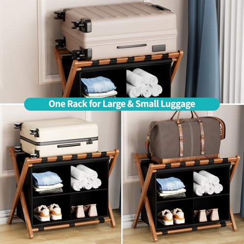 MHACVVO Walnut Bamboo Luggage Rack with 4 Storage Compartments, Foldable Suitcase Stand