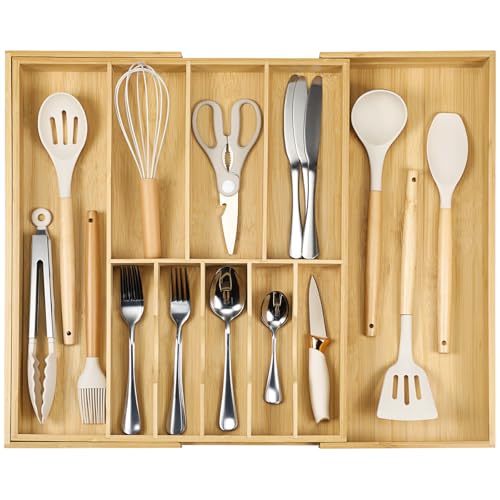 Fabsome Expandable Silverware Organizer Tray 19.3'' Bamboo Cutlery Holder for Large Kitchen Drawers