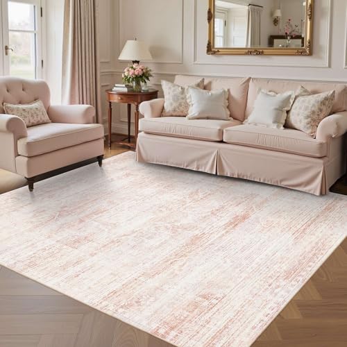 Light Pink 5x7 Washable Area Rug for Girls Bedroom & Living Room - Non-Slip Boho Style