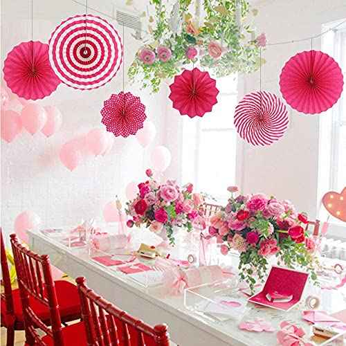 6 Pcs Decoration Hanging Party Hot Pink Paper Fans Set for Birthday Wedding Graduation Events Accessories