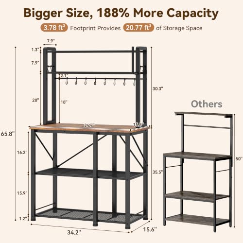 Rustic Brown Coffee Bar with Storage Rack - 34.7 Inch Microwave Stand & Kitchen Organizer