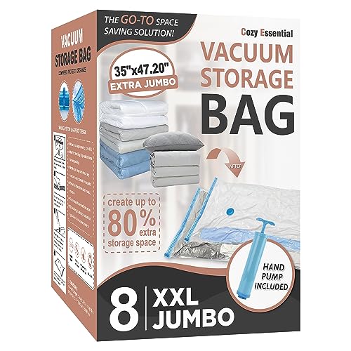 XXL Jumbo Vacuum Storage Bags Set - Space Saver with Hand Pump - 8 Pack