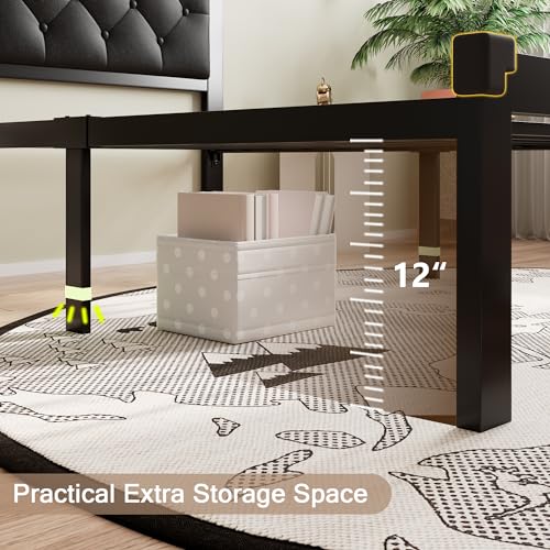 Einhomn Twin Metal Bed Frame with Faux Leather Headboard - Black, 12" Underbed Storage, No Box Spring Needed
