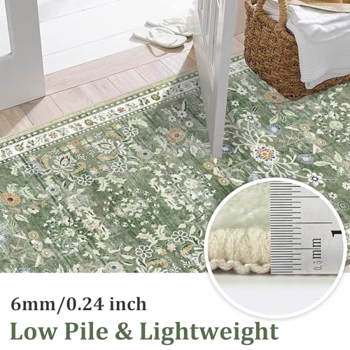 Sage Green Washable Hallway Runner Rug 2x12 Floral Non-Slip Carpet