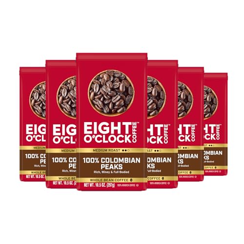 Eight O'Clock 100% Colombian Peaks Whole Bean Coffee, Medium Roast, Pack of 6