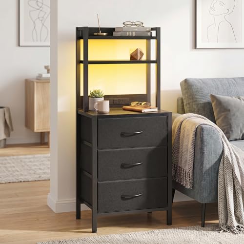 Fixwal 41 Inch Black Nightstand with Charging Station & 3 Drawers, RGB LED