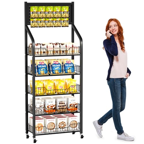 60cm Black Metal Snack Display Rack with Hooks & Wheels - 5 Tiers for Store & Home