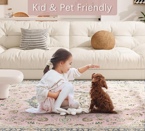 Pink Persian Style Washable Rug 8x10 - Vintage Floral Living Room Carpet, Non-Slip & Soft