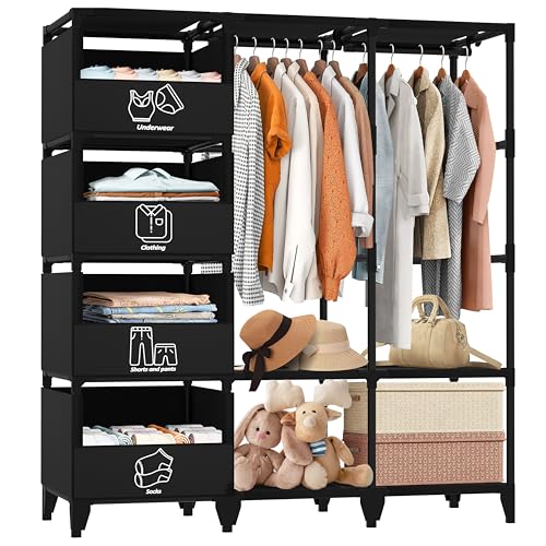 Jofuler Black 50 Inch Portable Closet Wardrobe with 4 Baskets & 2 Hanging Rods