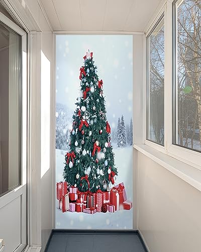 FLFK Peel and Stick Christmas Door Mural 32x80 Mt293 - Festive Snowy Landscape with Tree & Presents