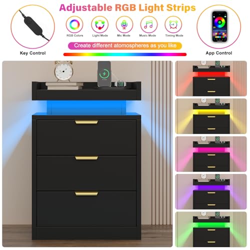 knoworld LED Nightstand with Charging Station & USB Ports, 3-Drawer