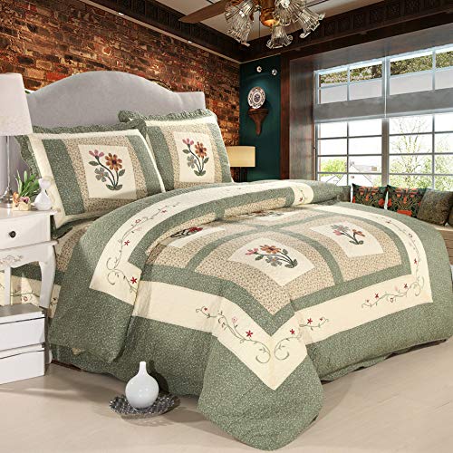 Green Farmhouse Embroidered Floral Quilted Bedspread Set - Queen, Reversible Cotton