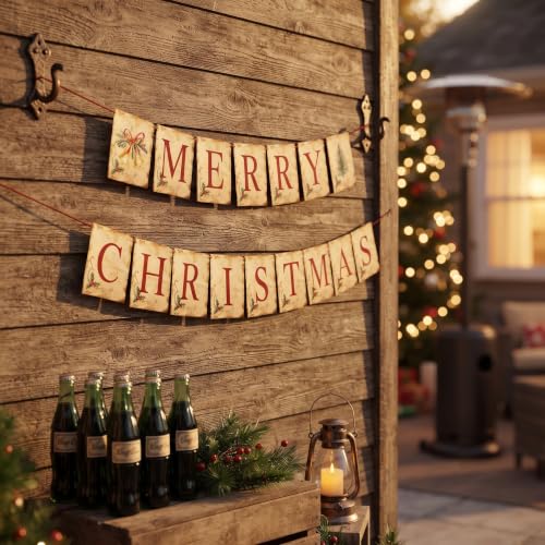 Actilize MERRY CHRISTMAS Banner with Christmas Tree and Bells - Christmas Vintage