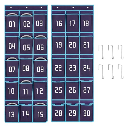 Blue 2 Pack Classroom Headphone Storage Organizer with 30 Clear Pockets