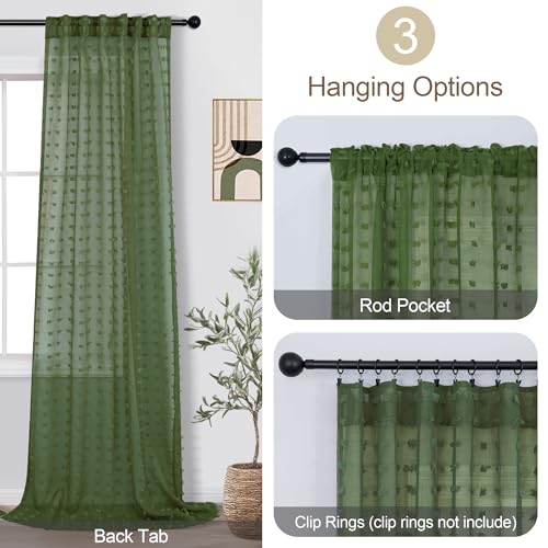 DANCURTON Olive Green Sheer Curtains 52x84 Inches Set of 2 Boho Pom Pom Window Treatments
