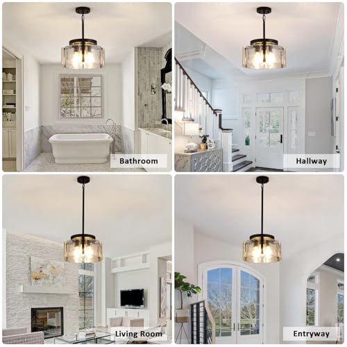 3-Light Black Modern Farmhouse Chandelier for Dining Room & Entryway - Adjustable Glass Pendant Lights