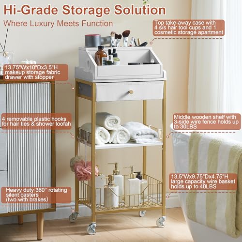 NauwaBarn Gold Makeup Organizer Cart with Detachable Hair Tool Holder