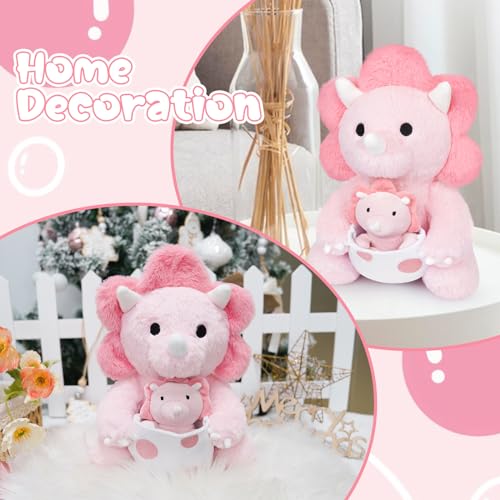 Pink Dinosaur Stuffed Animal, 11.8inch Pink Dinosaur Plush with Baby Dino for Kids, Dino Toy Kawaii Triceratops Cuddle Plush Pillow for Girls Boys, Christmas Birthday Gifts