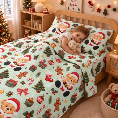 YIYEA Twin Kids Christmas Cotton Sheet Set 100% Cotton, 16" Deep Pocket, 3-Piece - Variation Sm2695